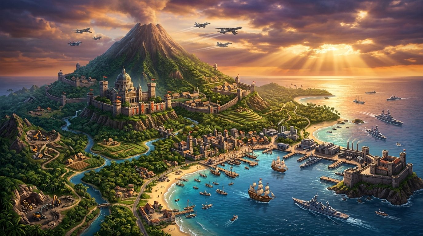 An island with a fortress, a harbour town and a fleet at anchor at sunset