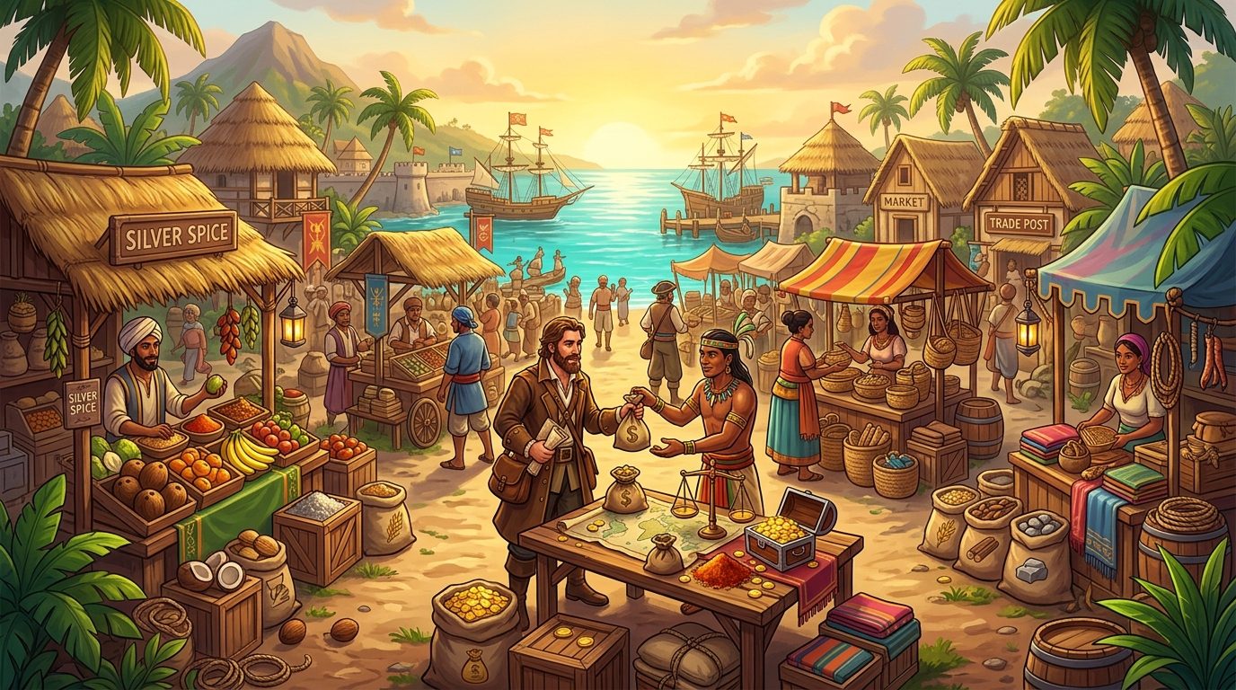 A busy harbour market with traders, crates and sacks of goods